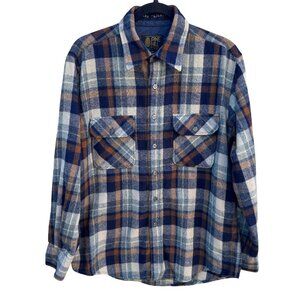 Pine Hill Vintage 70s Mens Plaid Flannel Shirt M Navy Wool Blend Workwear Grunge